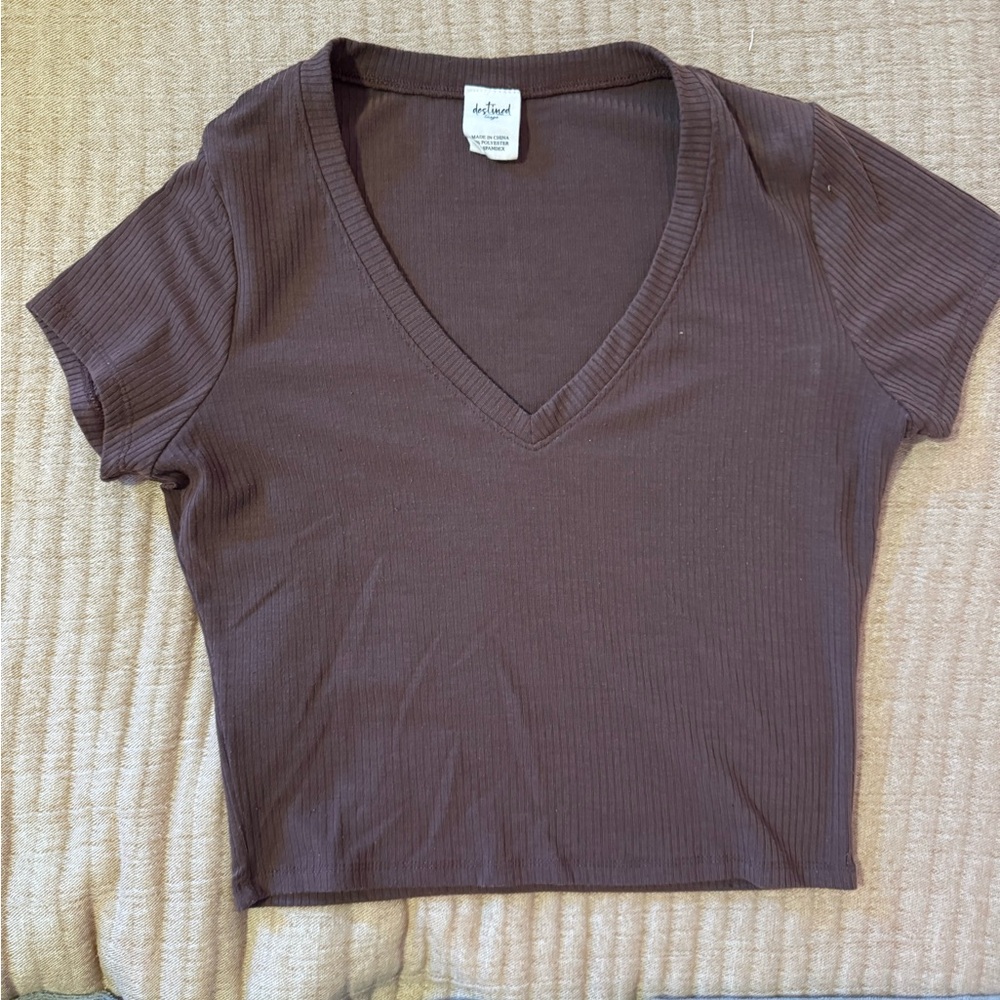 TILLYS Large Brown Ribbed V-Neck Cropped Top